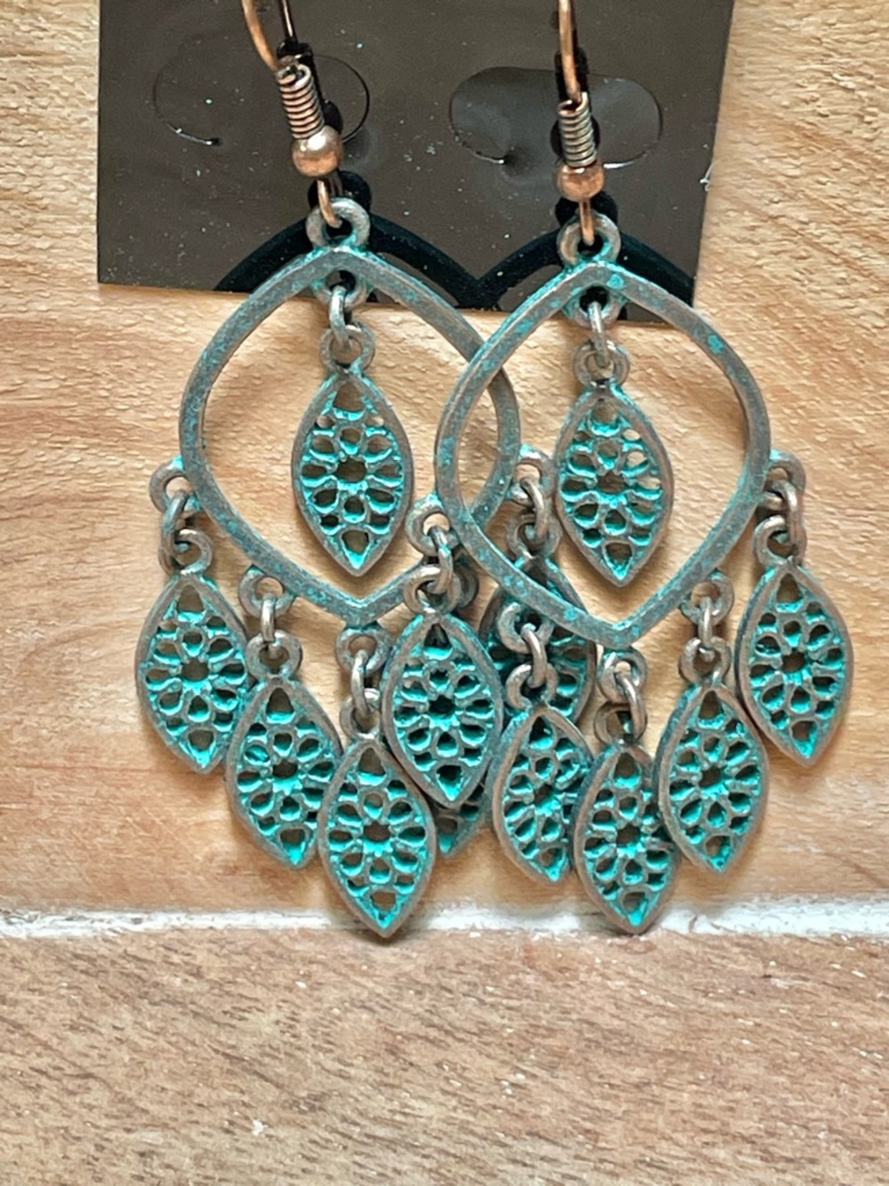 Turquoise Patina Leaf Chandelier Earrings - Women Jewelry